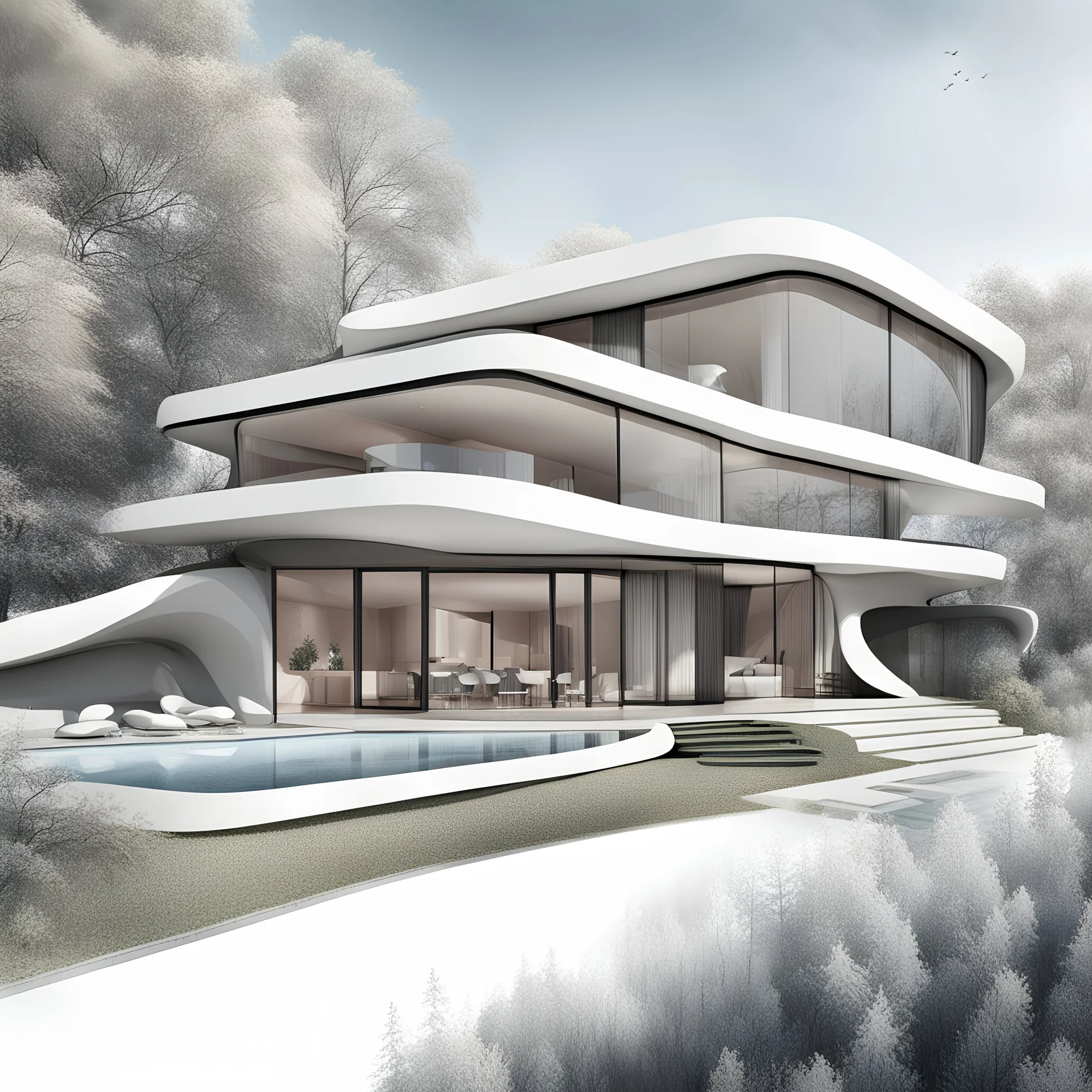 Illustrative sketch of a Zaha Hadid style country house, ultra quality, hyper detailed, conceptual art, maximalism, 8k