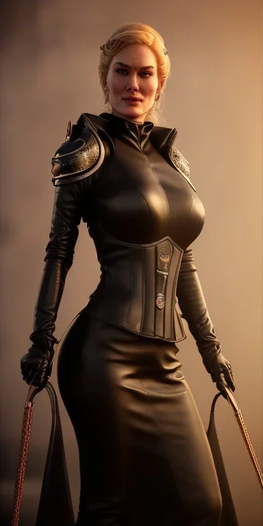 Cersei Lannister as evil mistress in black leather, dominatrix, bdsm, busty, cleavage, curvy, lena headay, angry, stern look. character design by cory loftis, fenghua zhong, ryohei hase, ismail inceoglu and ruan jia. unreal engine 5, artistic lighting, highly detailed, photorealistic, fantasy