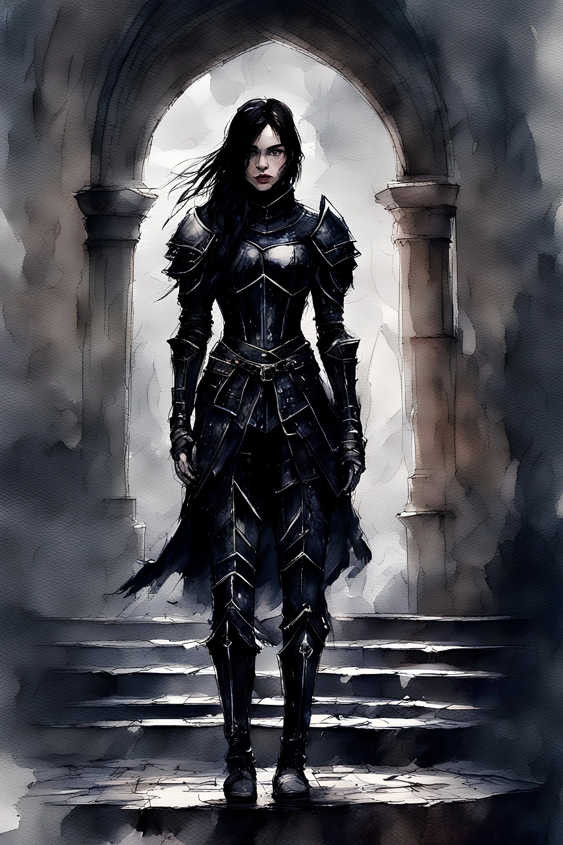 a young black-haired girl in medieval black armor on the castle grounds, dark tones, watercolor, dark fantasy, bad weather, gloomy day, dark world, sketch art, fine lines, grunge, sensual, darkness, by Raymond Swanland & Alyssa Monks & Anna Razumovskaya