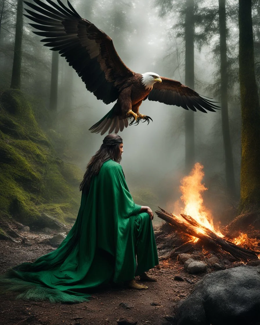 This photography depicts a mystical and magical atmosphere in the forest. A character in a green robe sits on rocky ground, facing a giant eagle that has brown and white feathers, and sharp eyes. There was a bonfire burning brightly between them, creating dramatic lighting and shadows around them. A small bird sits on the character's arm, adding a fantastical element to this image. The background is dark with hints of trees and leaves, creating an enigmatic atmosphere.