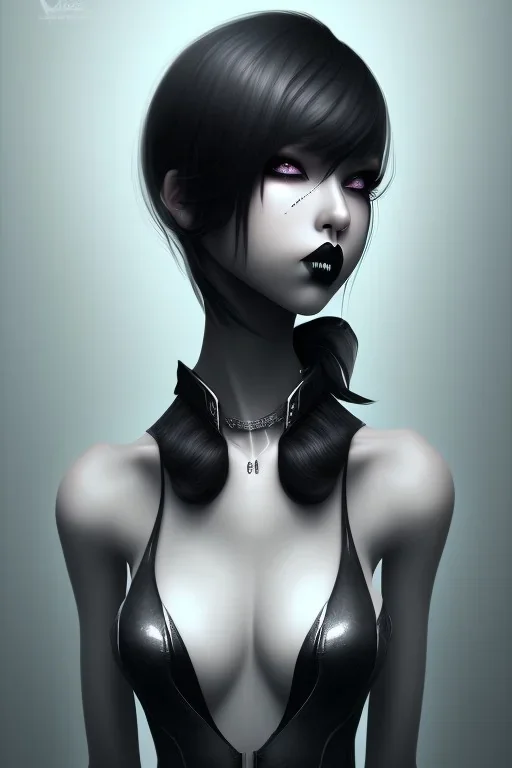 Girl, cute, beautiful, dark shadows, tilted head, black lipstick, grey skin, short black hair