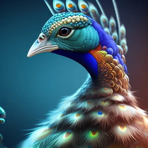 peacock,surreal, Unreal Engine 5, lens macro,sharp focus, realistic, hyper detailed, studio lighting