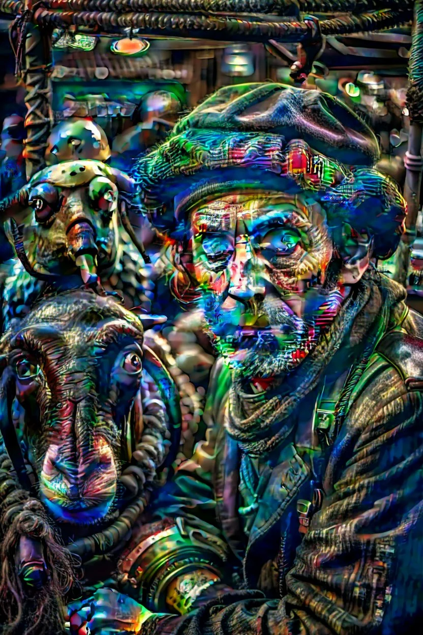 a big portrait of a broken head mechanic, man is eating a hybrid mixed body part sheep, super giant eyed sheep alien style grey H.R giger look, detective goat master beast riding a bike through crowded market place, 50mm lens vintage