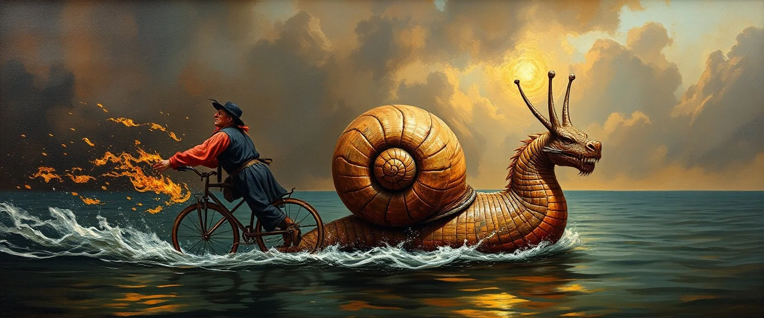 master oil painting by Rembrandt, magic trike man, the dragon snail boat