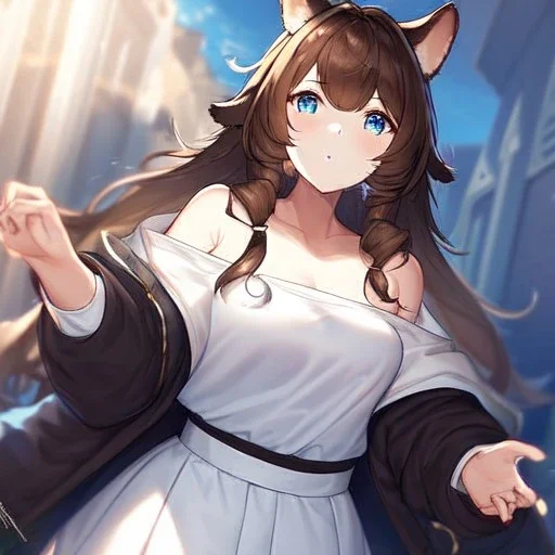 Clear focus, High resolution, Long fluffy brown hair, blue eyes, wearing a white skirt, detailed outfit, wearing a jacket oversized off shoulder, rough line, hair above ears, dog ears, off shoulder white shirt, chopped bangs, parted hair, medium locks