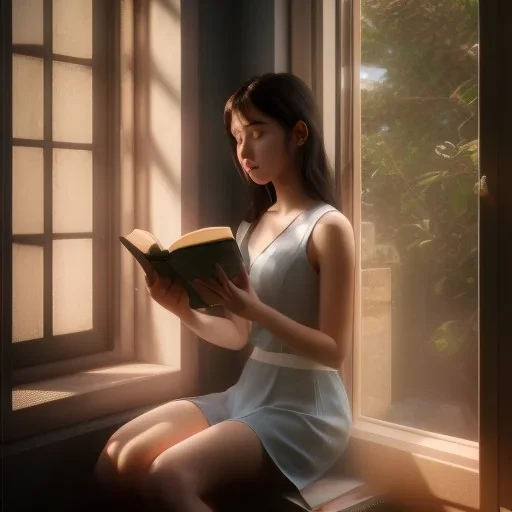 Study girl read a book in by the window, ultra detail, real photo realistic, unreal engine, cinematic lighting --ar 1:1 creative