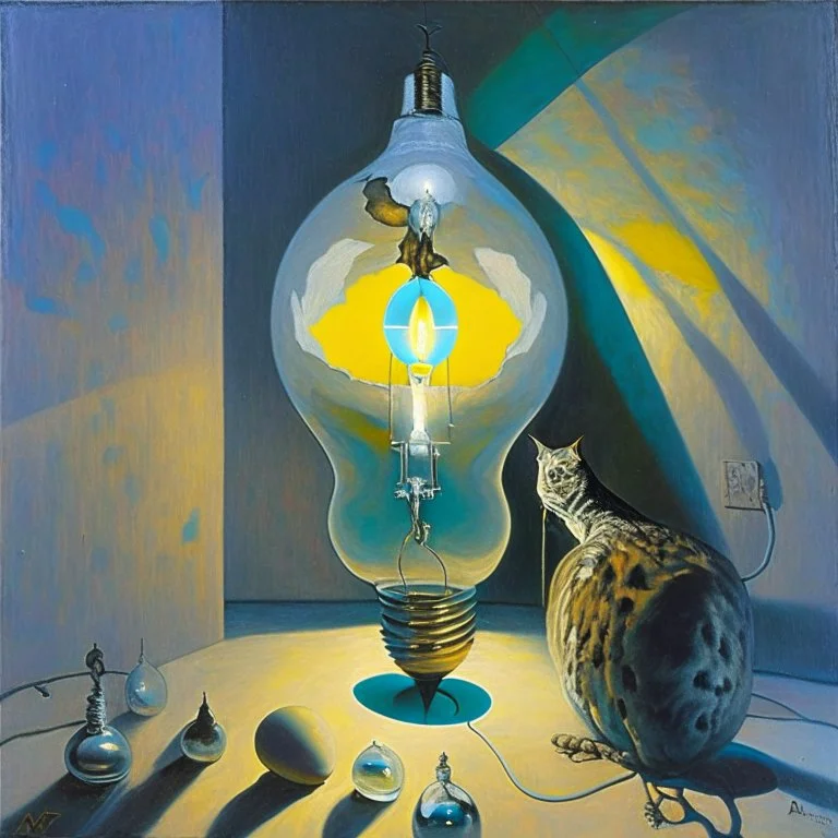 Abstract painting formed by a mix of human flesh-like surgical instruments and universe-like neuralink, a cat looking at a pigeon inside a huge bulb between light and shadow at dusk,surrealism,minimalism,Painting By Adrian Ghenie, Rene Magritte, Salvador Dali, Lucian Freud