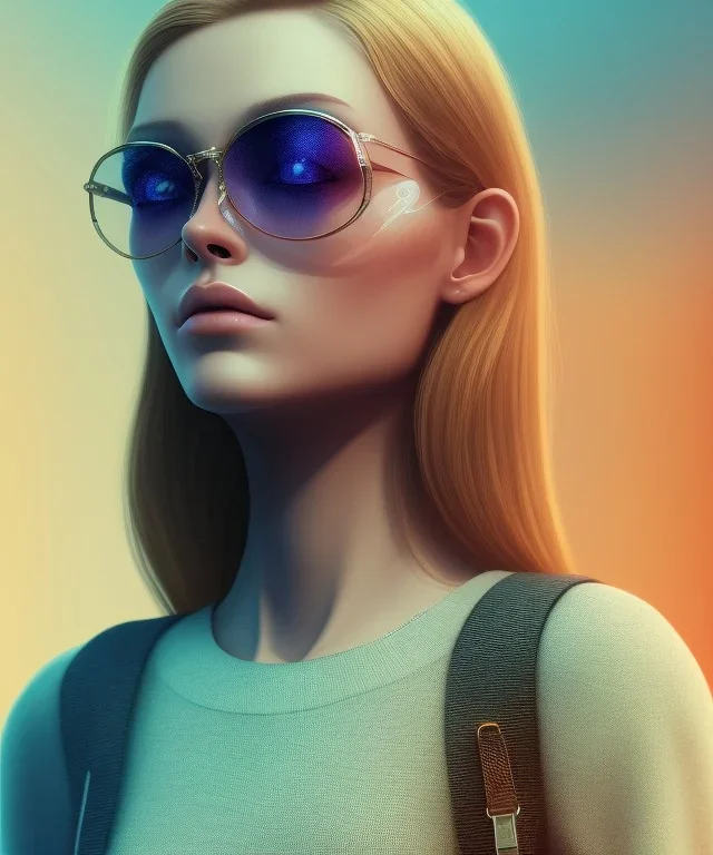 a young woman, BLONDE hair, green eyes, glasses, deep colors, cyberpunk, great pose, Realistic photography, incredibly detailed, ultra-high resolution, 8k, complex 3d render, cinema 4d, anatomically correct, dark backgorund