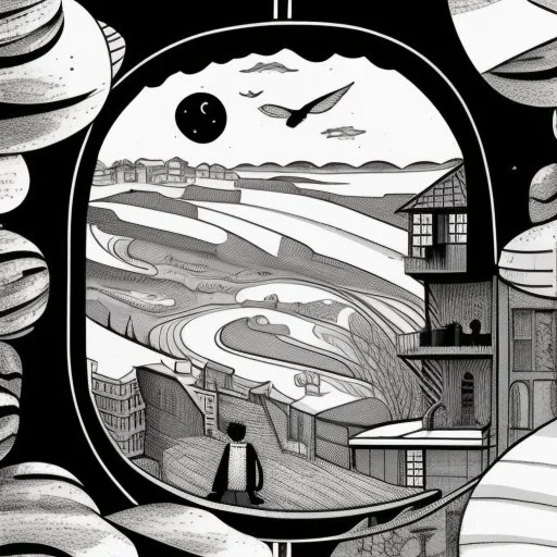 a alone man. pen and ink, birds eye view, illustrated by hergé, Background space and earth