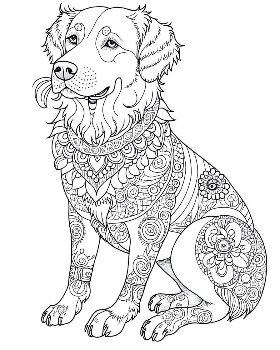 beautiful full body Golden Retriever, coloring page for adults, photo realistic, clean line art , mandala, high detailed, no background, mandala, white, black, coloring book, sketchbook, realistic sketch, free lines, on paper, character sheet, 8k