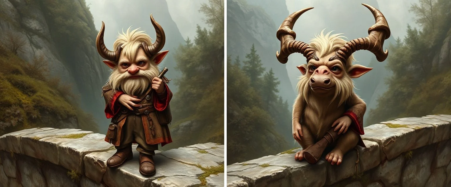 postcard, 4 pics, a blonde fluffy gnome quickling kobold gremlin that looks like the opposite of a vampire in bunad leaning on an elk, holding his horns, all on a stone bridge, in the style of master painter