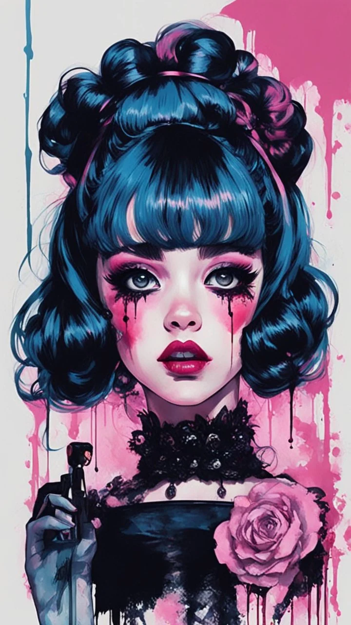 Poster in two gradually, a one side malevolent goth vampire girl face and other side the Singer Melanie Martinez face, full body, painting by Yoji Shinkawa, darkblue and pink tones,