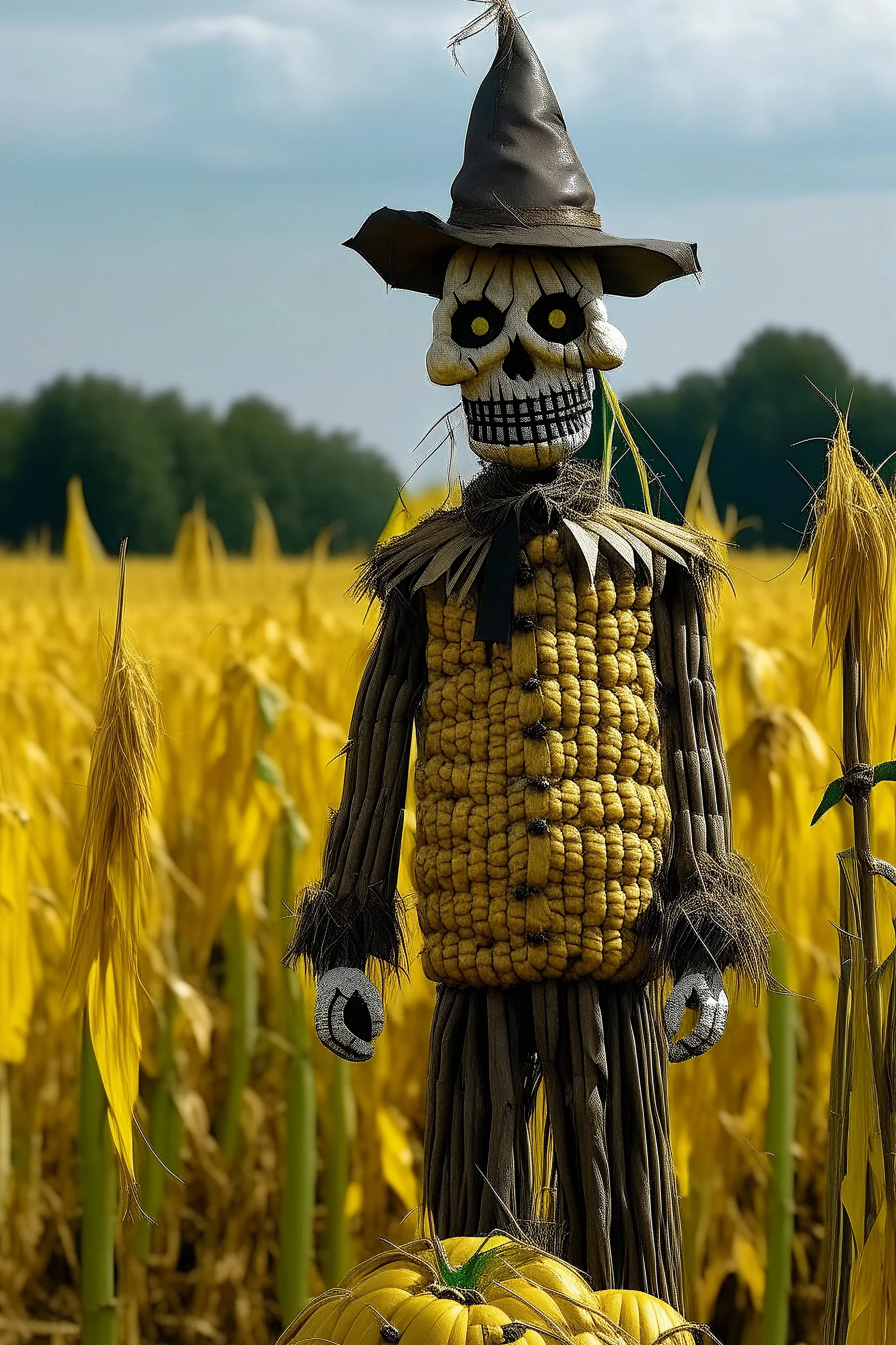 A scarecrow up on his post which is like a cross on a full moon on Halloween in a corn field. He has a pumpkin for a head