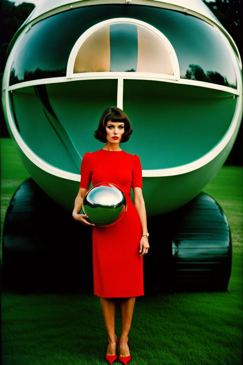 sixties, beautiful woman holding a piece of elephant art, Portra 400 film photo, analog inspiration, bubble, helmut newton, polaroid colors, realistic face, space age