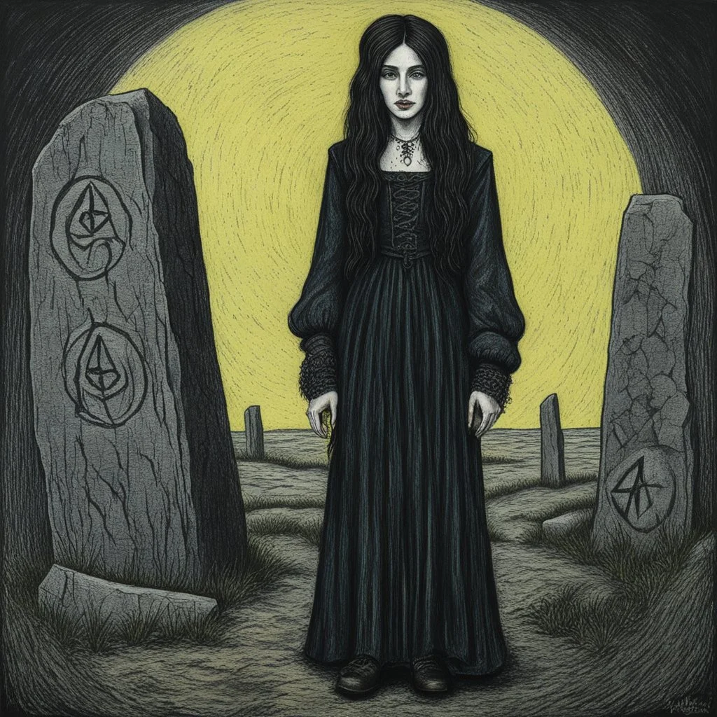 create a 3/4 profile full body oil pastel of a dark haired, , raggedly dressed, savage gothpunk vampire girl with highly detailed , sharply defined hair and facial features , in a dark circle of rune inscribed standing stones , in the style of JEAN-FRANCOIS MILLET and MARY CASSATT