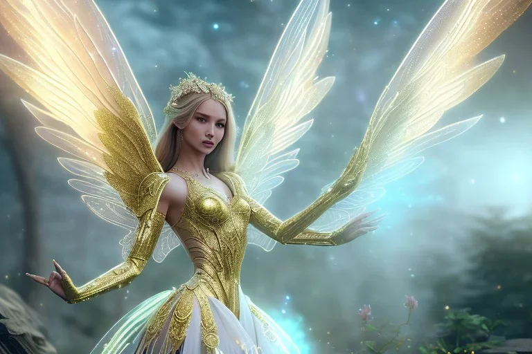  beautiful cosmic fairy, long hair, golden skin, nice smiling, transparent wings, magic glamour make up, delicate colors, beautiful glamour galactique dress, ultra sharp focus, 8k, unreal engine 5, extremely sharp detail, light effect, soft light atmosphere of a spaceship, smooth, full of details, face in front, complete vision of face and hair and body