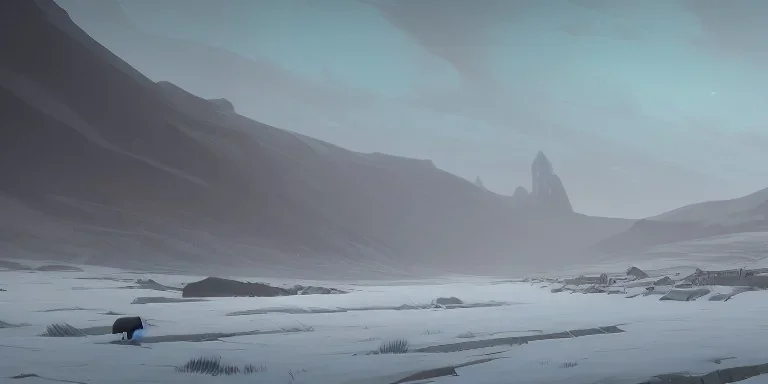  a bleak vast empty cold land by a cold seaside, a small cattle farm in the distance, mountains in the distance, misty, snowy, desolate, aurora borealis