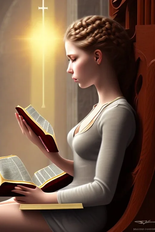 girl sitting in a church pew, reading the holy bible