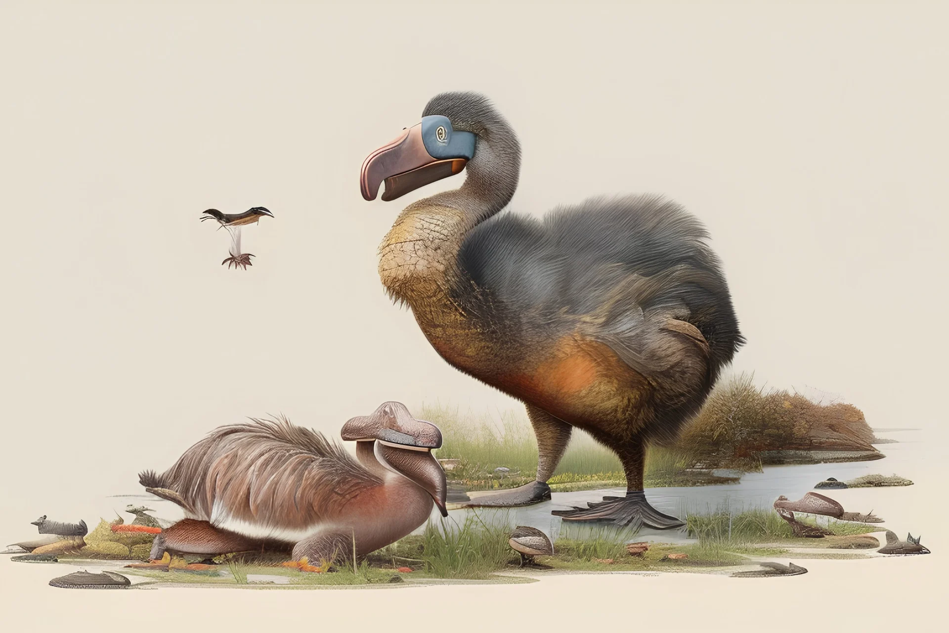 John James Audubon-like illustration of a fully uncropped Dodo bird and a Platypus in a landscape of warm yellows, warm reds, and warm blues