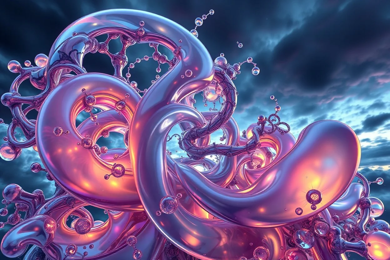 Dynamic complex hypnotic fractal 3D structures twisting and morphing between organic and geometric forms with Symmetry, smooth translucent iridescent glass with inner glow and bubbles, varied transparent materials, stormy skies, intense dramatic