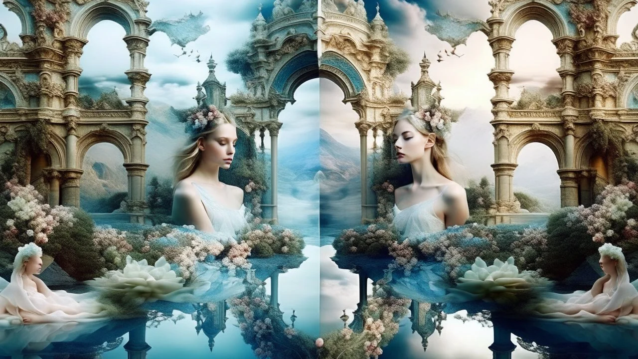 collage, relaxation, luxury, dream world, calm beauty, symmetry, fantasy world, magic, beautiful composition, exquisite detail