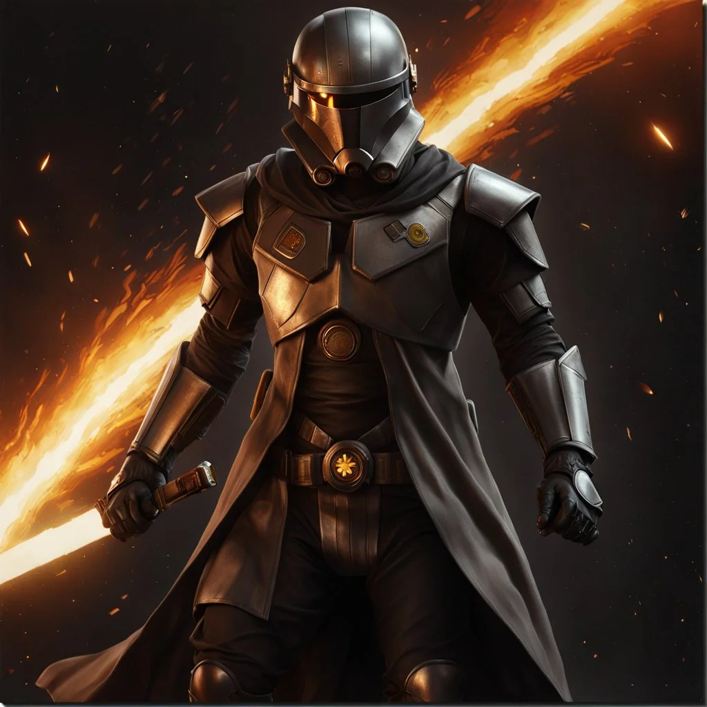 star wars bald male corellian jedi pilot wearing black and gunmetal grey old republic armored flight suit with gold trim, a lone battle-ready Jedi Master defending a ruined city surrounded by golden light, hyperdetailed, dynamic lighting, hyperdetailed background, 8k resolution, volumetric lighting, light skin, fully