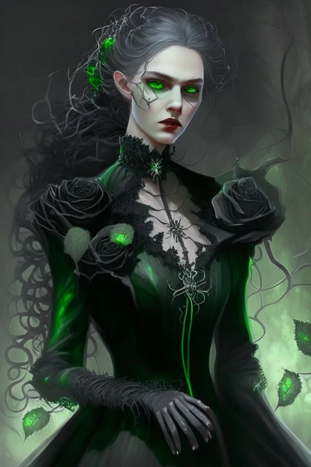 Cerissa, the leader of the Silvered Rose, wears a black dress, with a white lace collar, held by a vibrant green brooch. Long thin wisps of green and black form a cloak that swirls around her as she walks. Her face is tight and cold. Her spiderlike fingers are covered with rings.