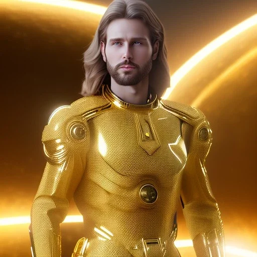 beautiful cosmic golden male, long hair, nice smiling, delicate colors, beautiful glamour galactic golden dress, ultra sharp focus, 8k, unreal engine 5, extremely sharp detail, light effect, soft light atmosphere of a spaceship, smooth, full of details, face in front, complete vision of face and body