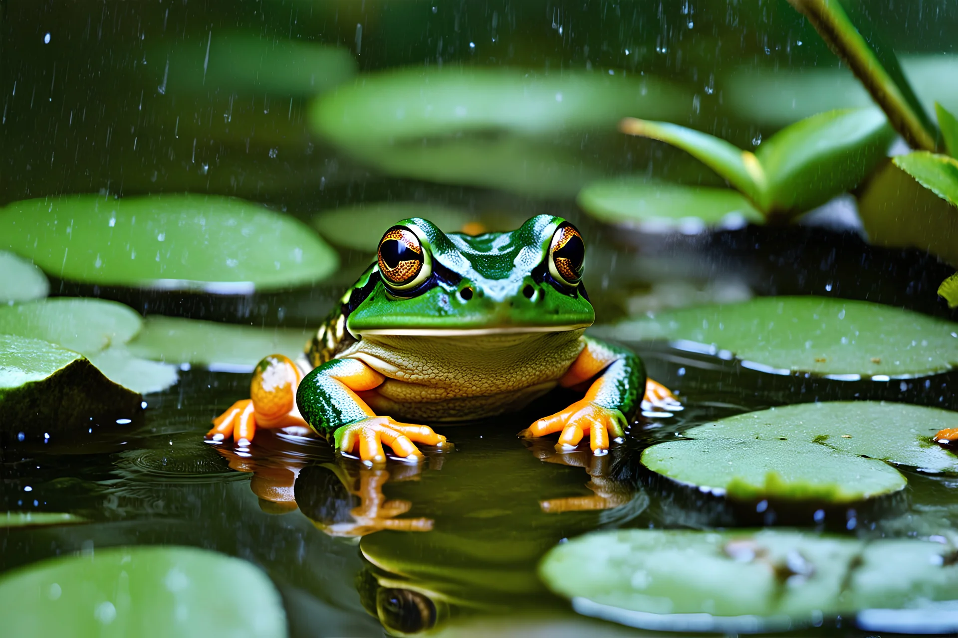 one cozy frog in a pond and it is raining