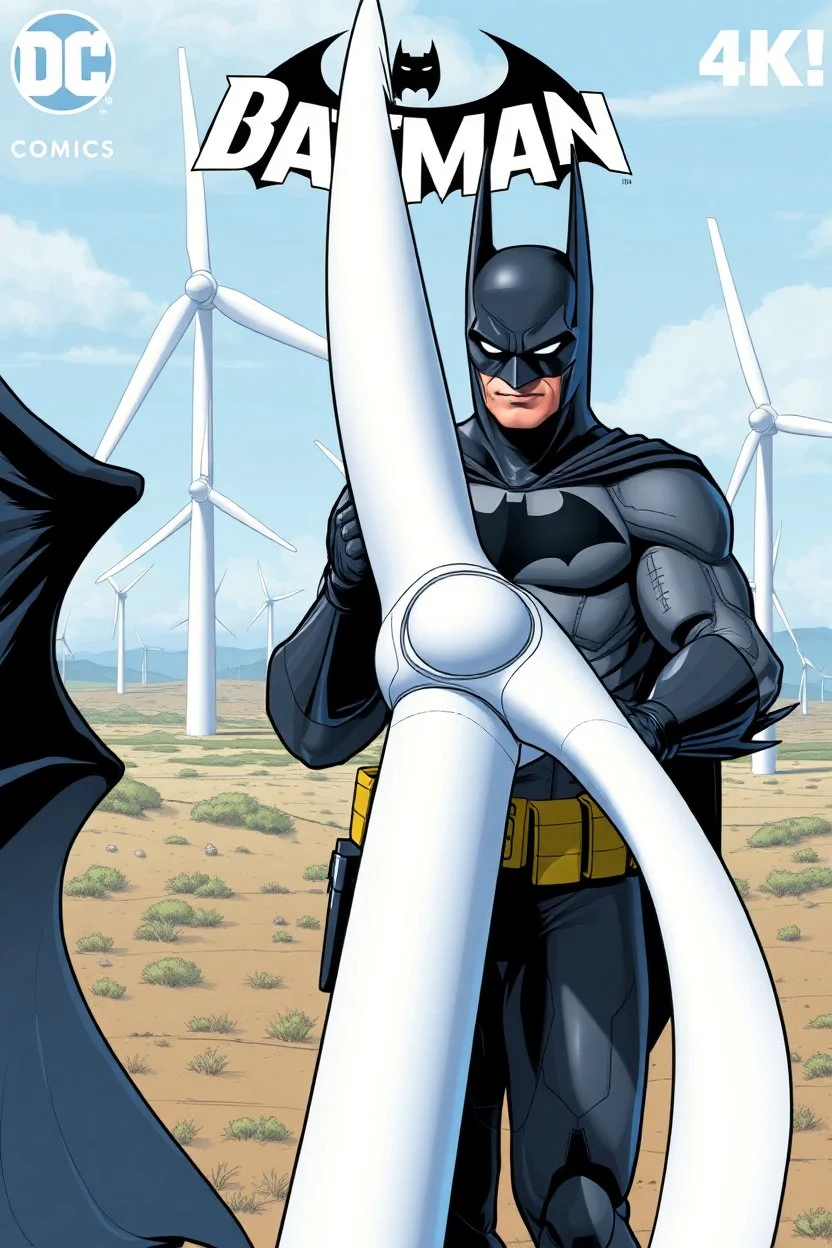 dc comics cover, batman holding an entire wind turbine, wind farm in the background, very high quality, highly detailed, 4k