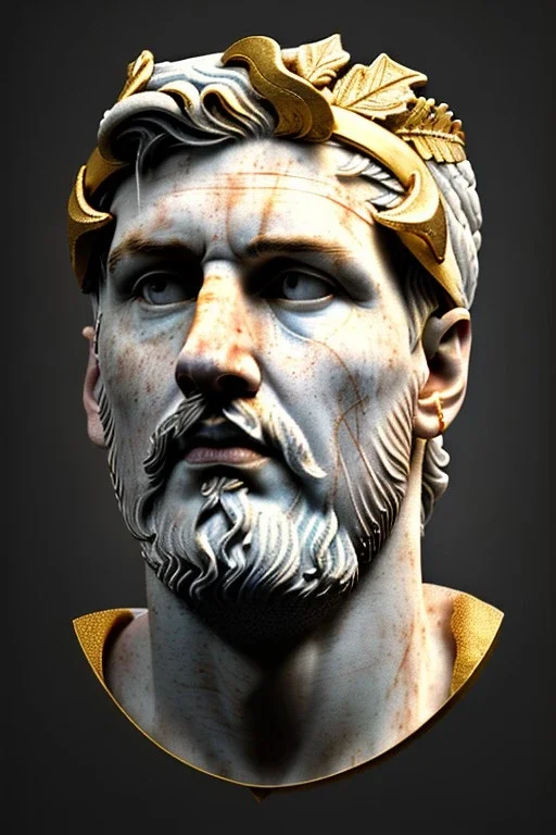 Ultra Realistic image, Roman sculpture, white marble material, Lionel Messi, gold Laurel leaves wreath, renaissance ornaments, radial gold lines, one gold star in heart, sun ornament, sun rays background, chisel style, waist up portrait, emperor style, epic, celestial, cinematic lighting, God light, god rays, 4k resolution, smooth details, ornate details, soft lighting, unreal engine 5, art station, substance 3d.