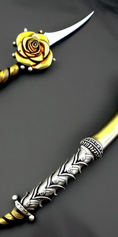 A long silver and Gold spear weapon with a rose at the handle and thorns up the poll, realistic, fantasy,