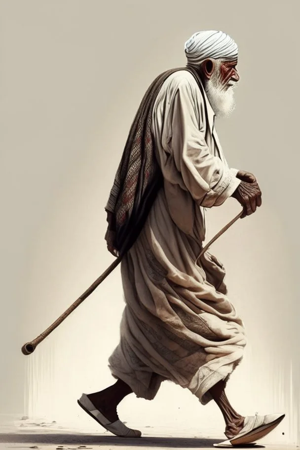 An old man wearing an Arabic keffiyeh, his back bent, walking barefoot, holding his cane upside down, looking back and holding his shoe in his hand.