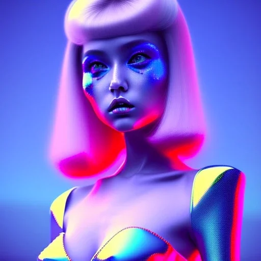 blonde woman teenager, geisha, retro futuristic, latex dress, gradient color, BLUE, PINK, CYAN, neon, insanely detailed, 16k resolution, perfect eyes, cinematic smooth, intricate detail