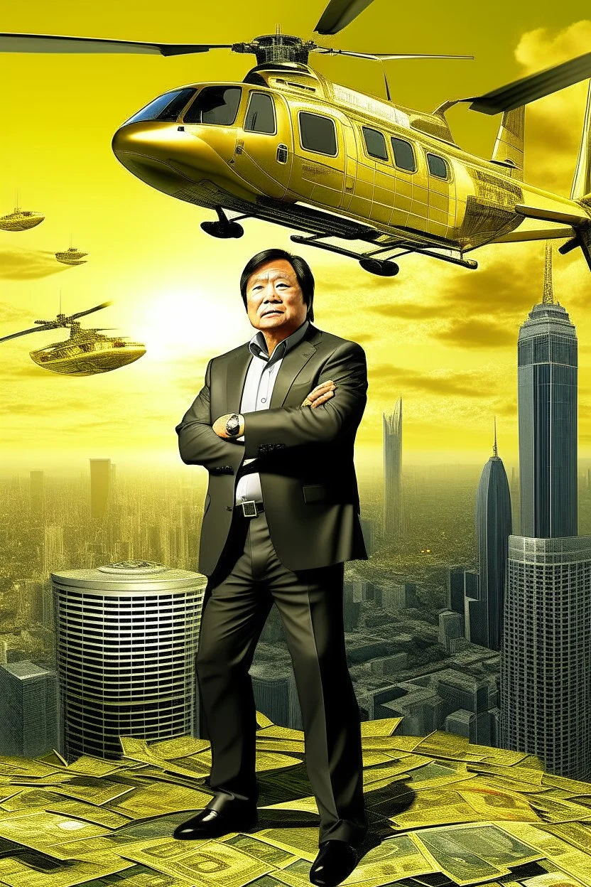 Robert Kiyosaki standing on golden skyskraper helicopters dropping dollar money city burning in background STYLE OF HIROKU OGAI