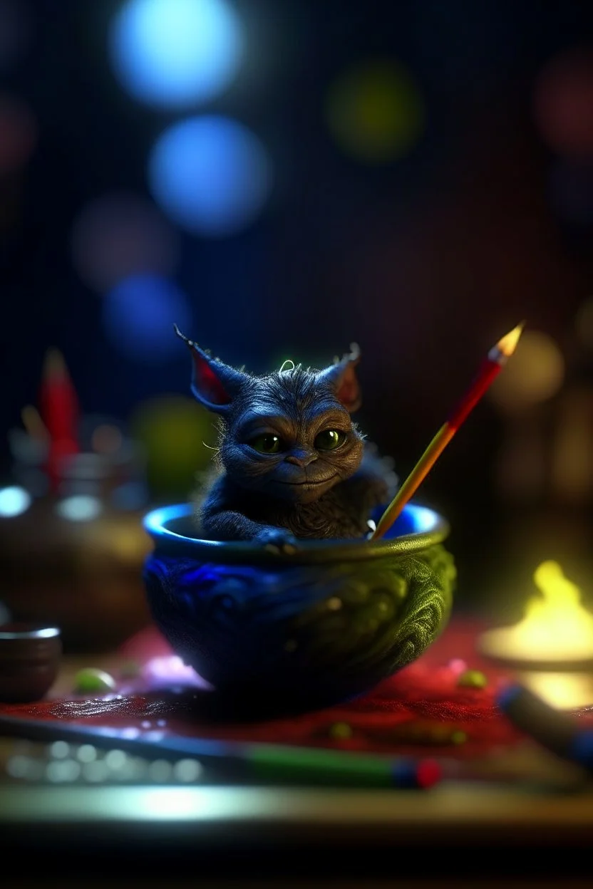 pen outline, awake within a magical nightmare, cauldron with shining sigil and containing a slightly alien fur ball gremlin in it, prize winning oil painting, ,bokeh like f/0.8, tilt-shift lens 8k, high detail, smooth render, down-light, unreal engine