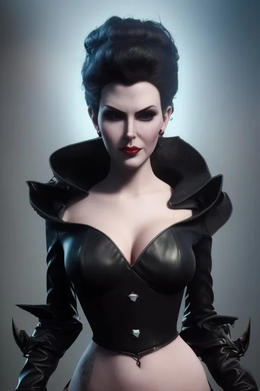 Lana Turner as evil queen in black leather, leather, busty, cleavage, angry, stern look. character design by cory loftis, fenghua zhong, ryohei hase, ismail inceoglu and ruan jia. unreal engine 5, artistic lighting, highly detailed, photorealistic, fantasy