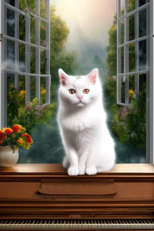 A young beautiful cat, is sitting on a piano, window behind with sight of Vienna