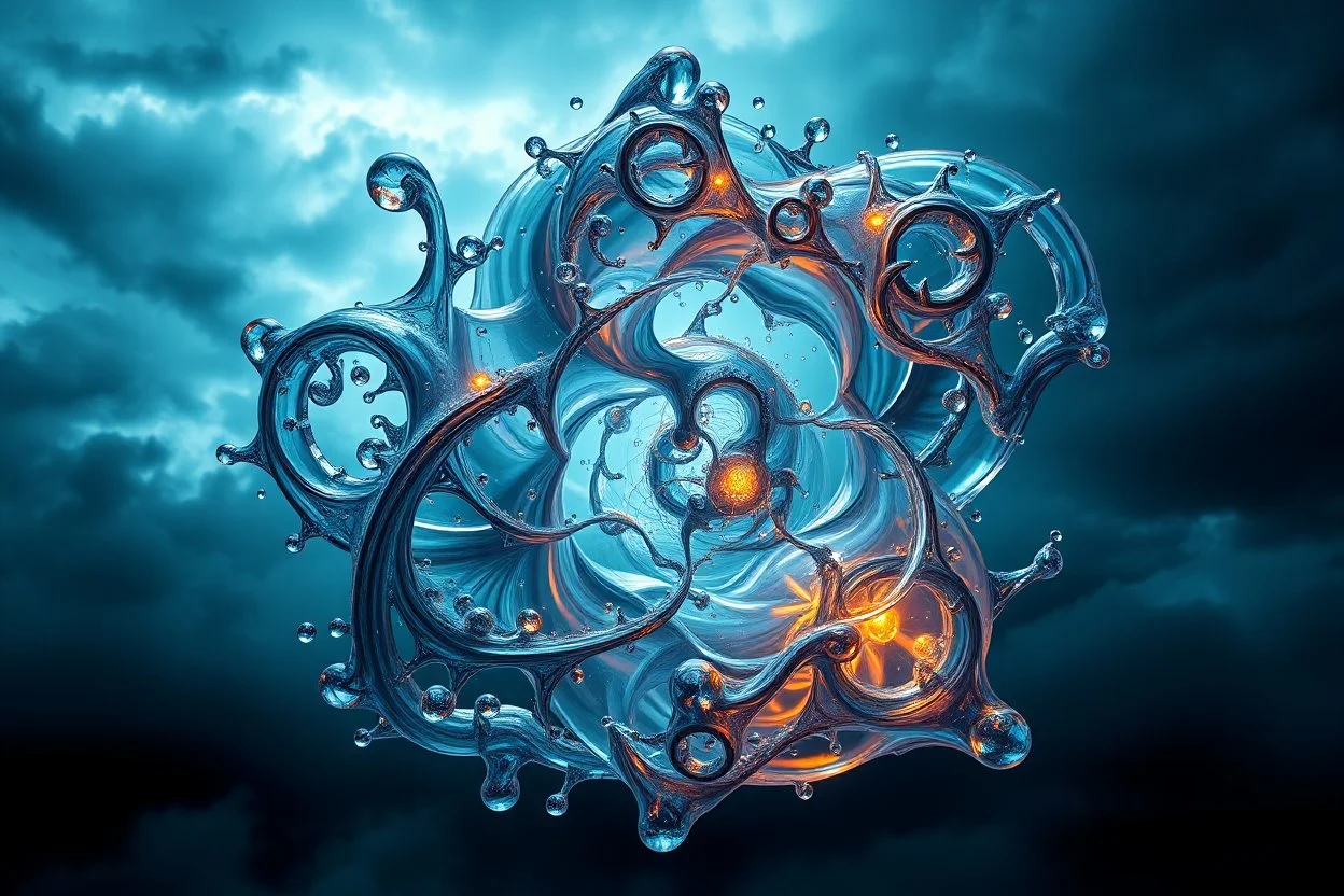 Dynamic complex hypnotic fractal 3D Symmetrical structures twisting and morphing between organic and geometric forms , smooth translucent iridescent glass with inner glow and bubbles, varied transparent materials, stormy skies, intense dramatic