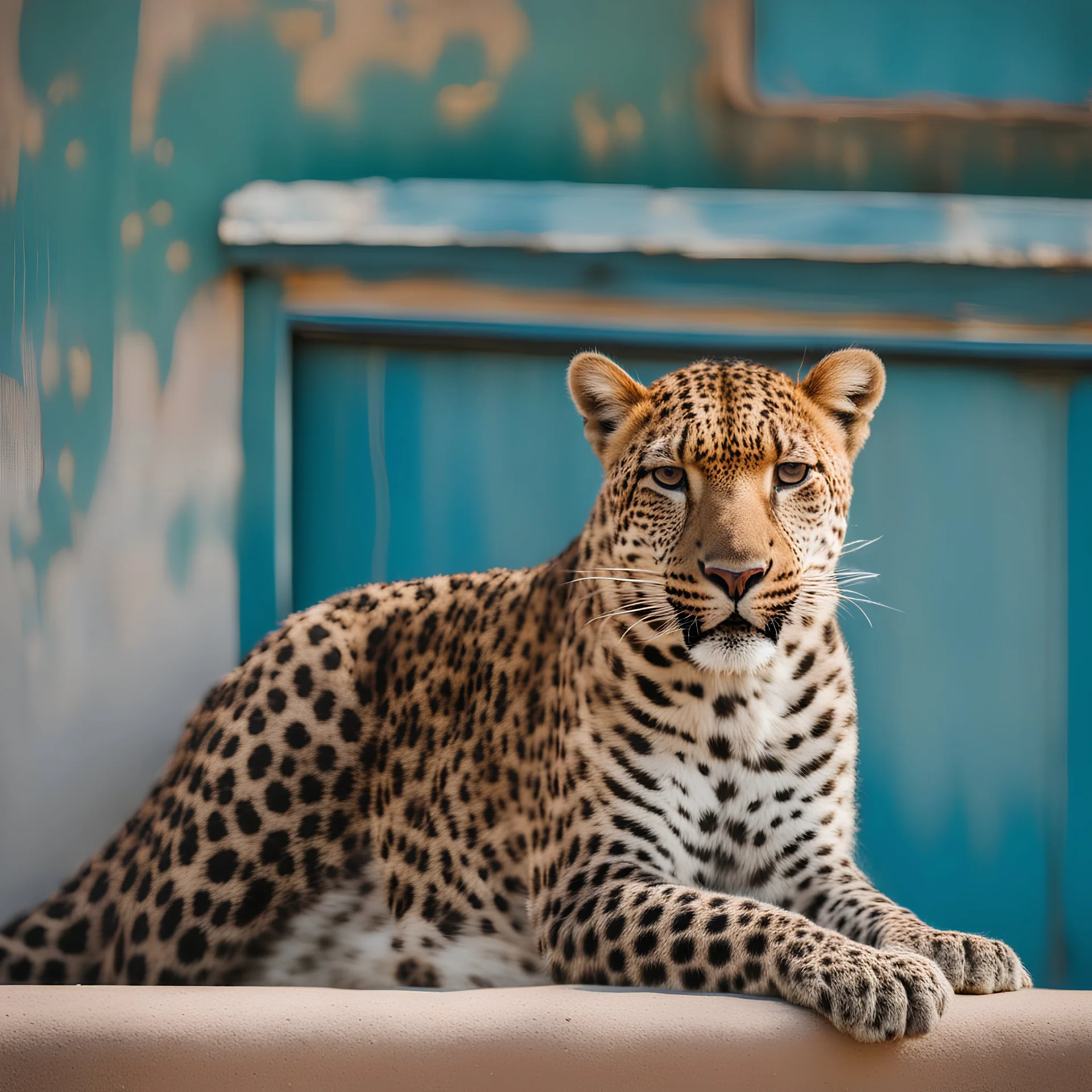 happy leopard outside in front of intense colors wall. sunny day. photographic. water, a dove swims