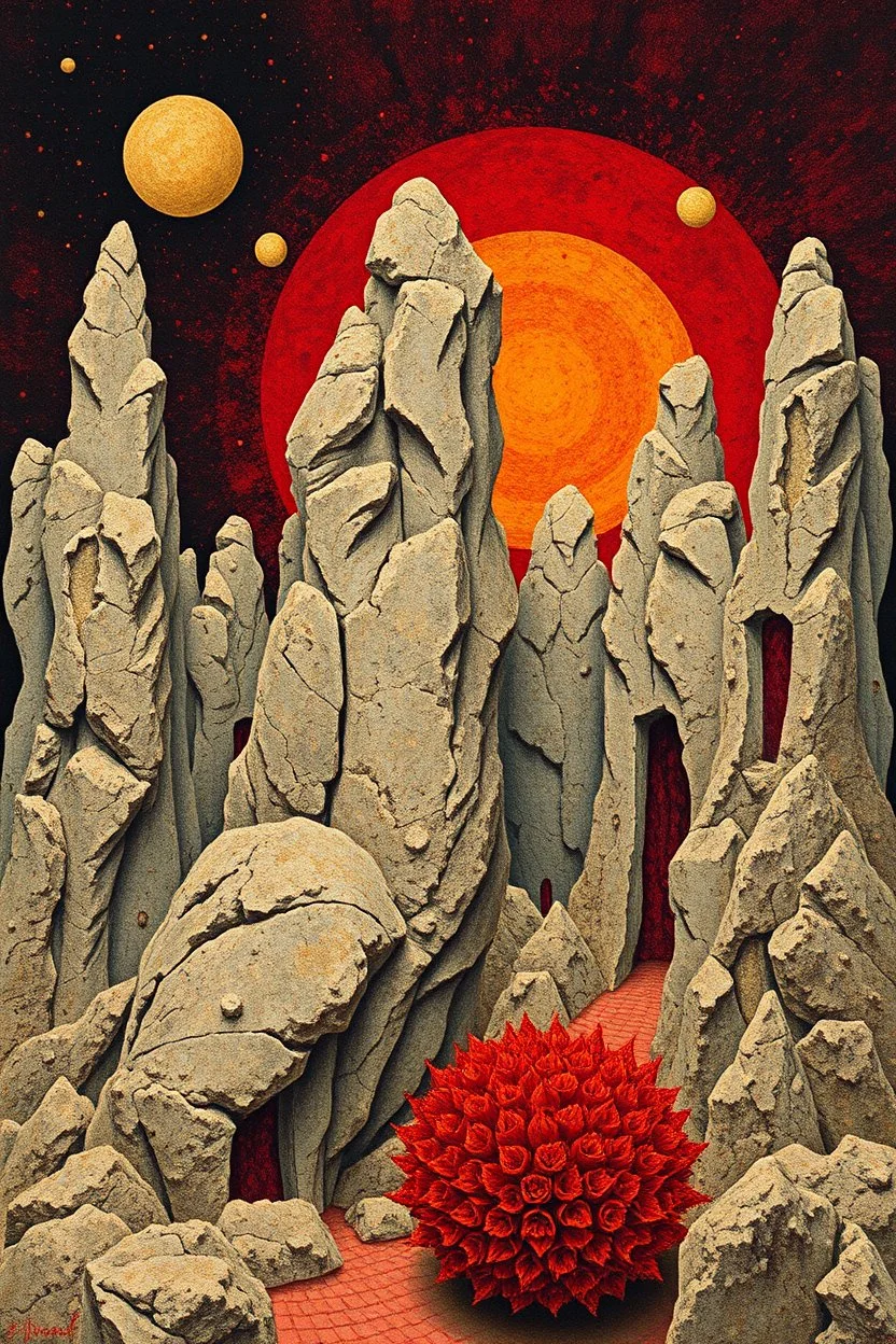 For The Eyes of Silence Max Ernst employed a technique called decalcomania to create arbitrary textures on the canvas, which he then reworked to resemble rock formations and forms of animals, plants. a primordial-like "part vegetation, part rock and part bejewelled