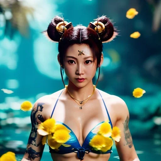 Chun-li underwater with yellow flowers for hair, closed eyes, rtx, reflection, 8k, glow, winning photography, caustics