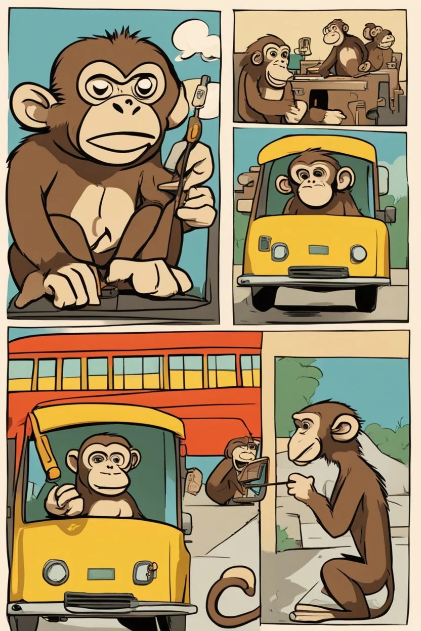 A monkey riding a bus, and a monkey using aa grill, a monkey going to work, and a monkey staying cool, in the art style of Pablo Picasso in a comic book format.