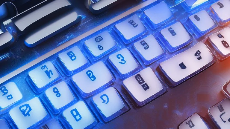 The image closely depicts a computer keyboard secured with a complex digital lock. The blue and white colors reflect the technological and security aspects of the subject. As an expression of digital protection and a focus on security in the era of digital communication, this image represents the balance between technology and personal safeguarding.