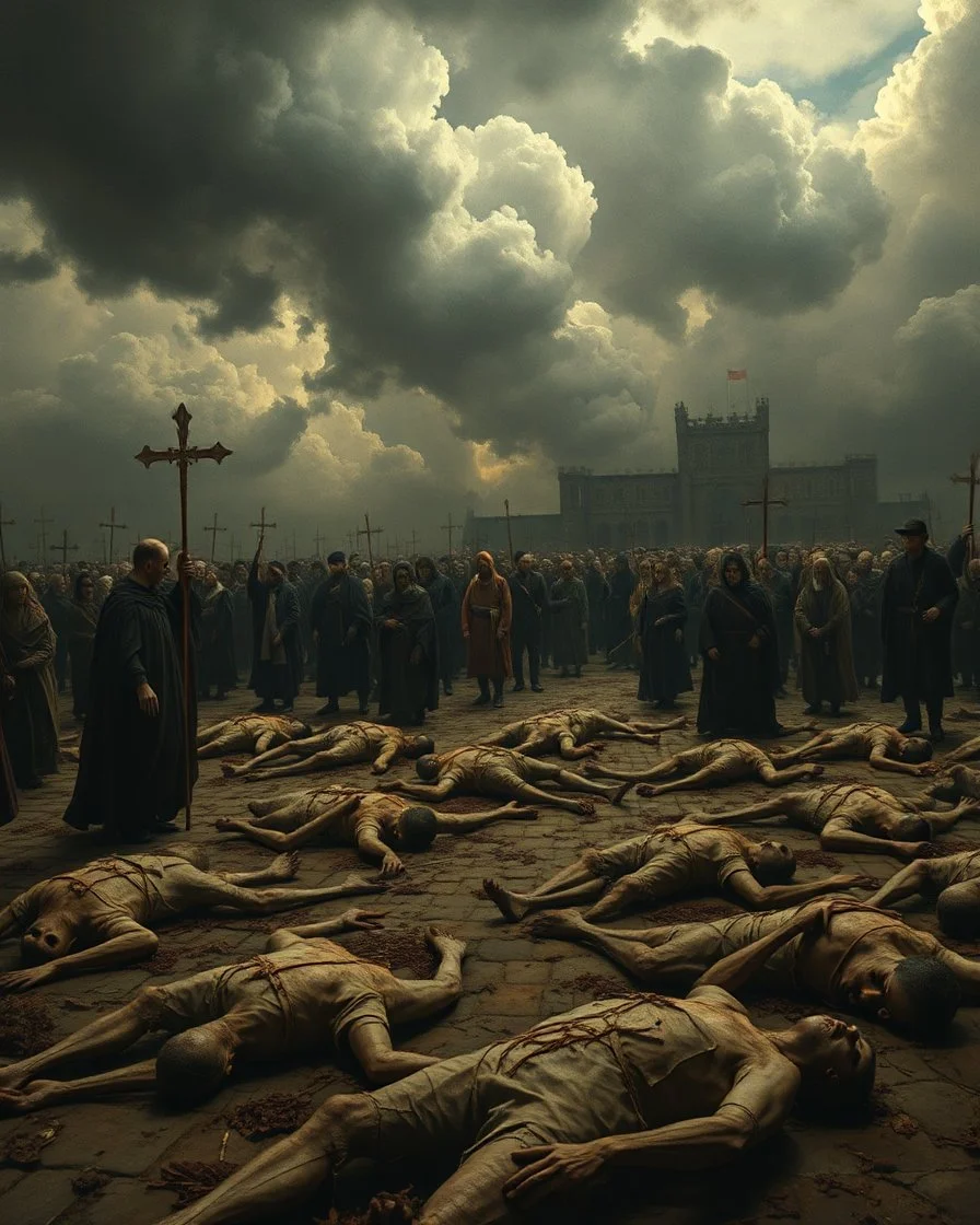 Bosch painting style, nightmare , a lot of people on the ground dead scared because of the The Black Death was a bubonic plague pandemic dead bodies , great quality picture with cinematic scenes , heavy clouds in the background