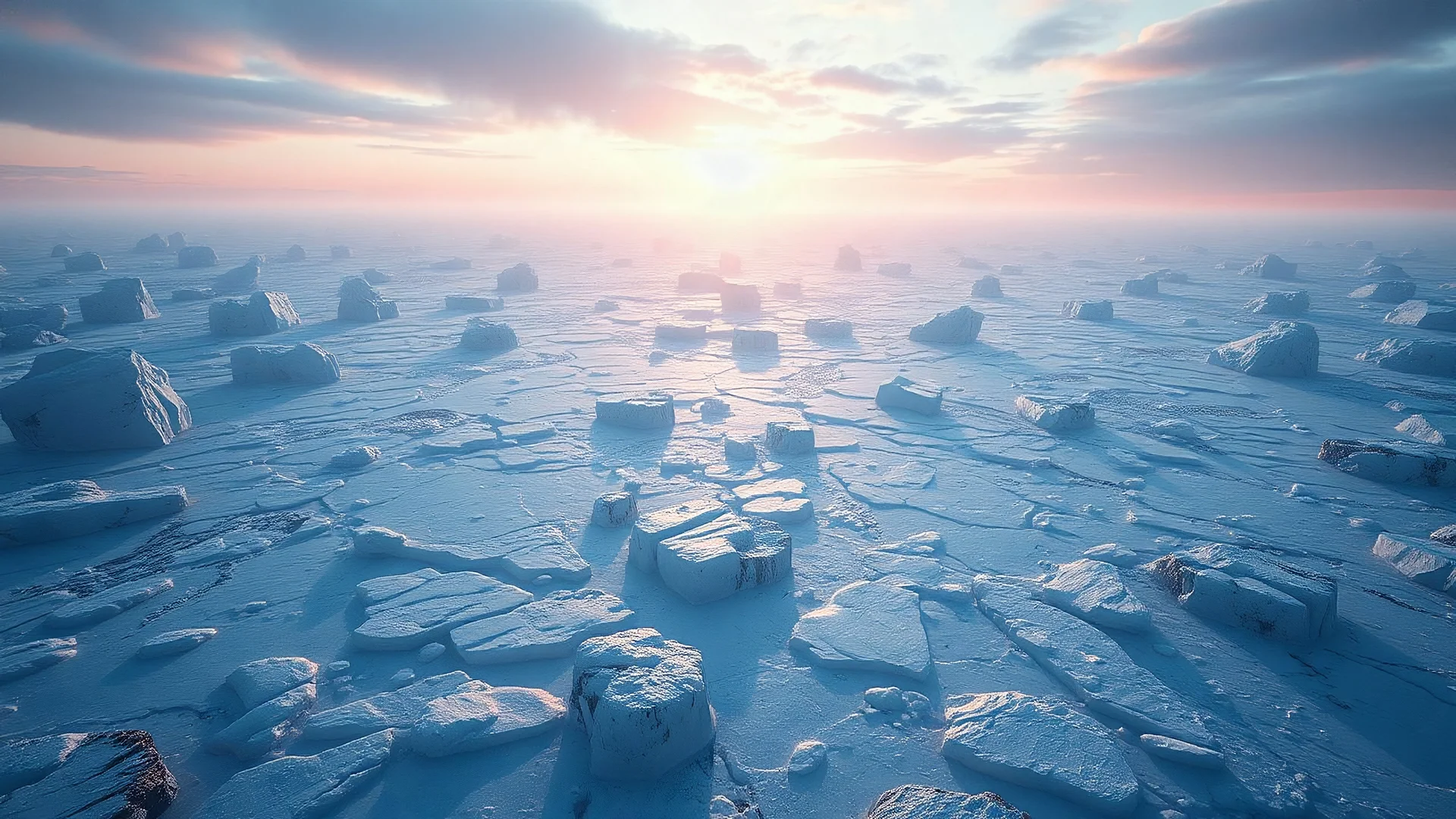 aerial view of a landscape made of ice that looks futuristic with futuristic lighting, horizon, realistic rendering