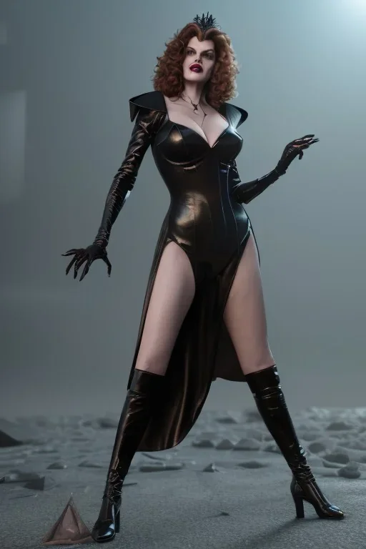 Rene Russo as evil queen in black leather gown, angry, busty, curvey, cleavage, unreal 5, octane render,cinema4d, dynamic lighting, dramatic lighting, 4k, redshift render, highly detailed, hyper realistic