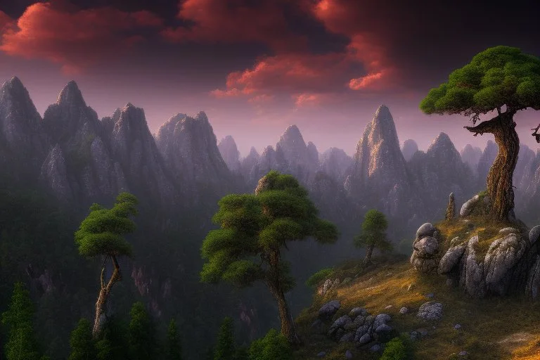 mountains, a gloomy rocky landscape, cypresses stretching up in the foreground, rocks and a bloody sky in the background