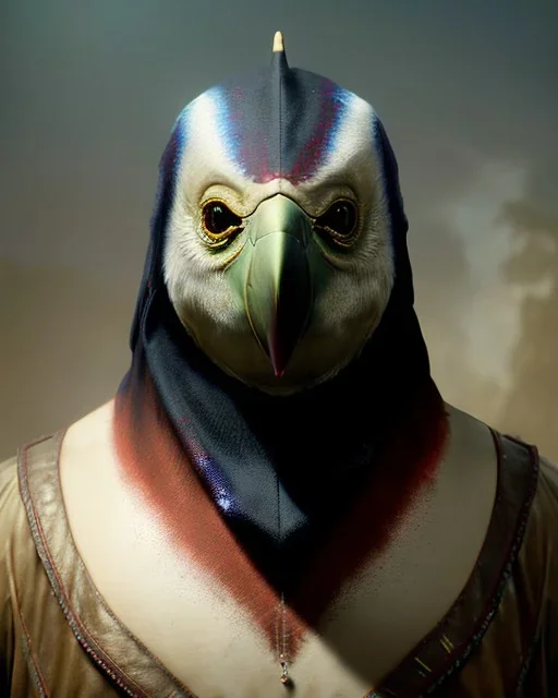 "magican, mysterious Kenku male, bird, full-scale head and shoulders portrait, 8k resolution concept art portrait by Greg Rutkowski, Artgerm, WLOP, Alphonse Mucha dynamic lighting hyperdetailed intricately detailed Splash art trending on Artstation triadic colors Unreal Engine 5 volumetric lighting Splash art fantasy"