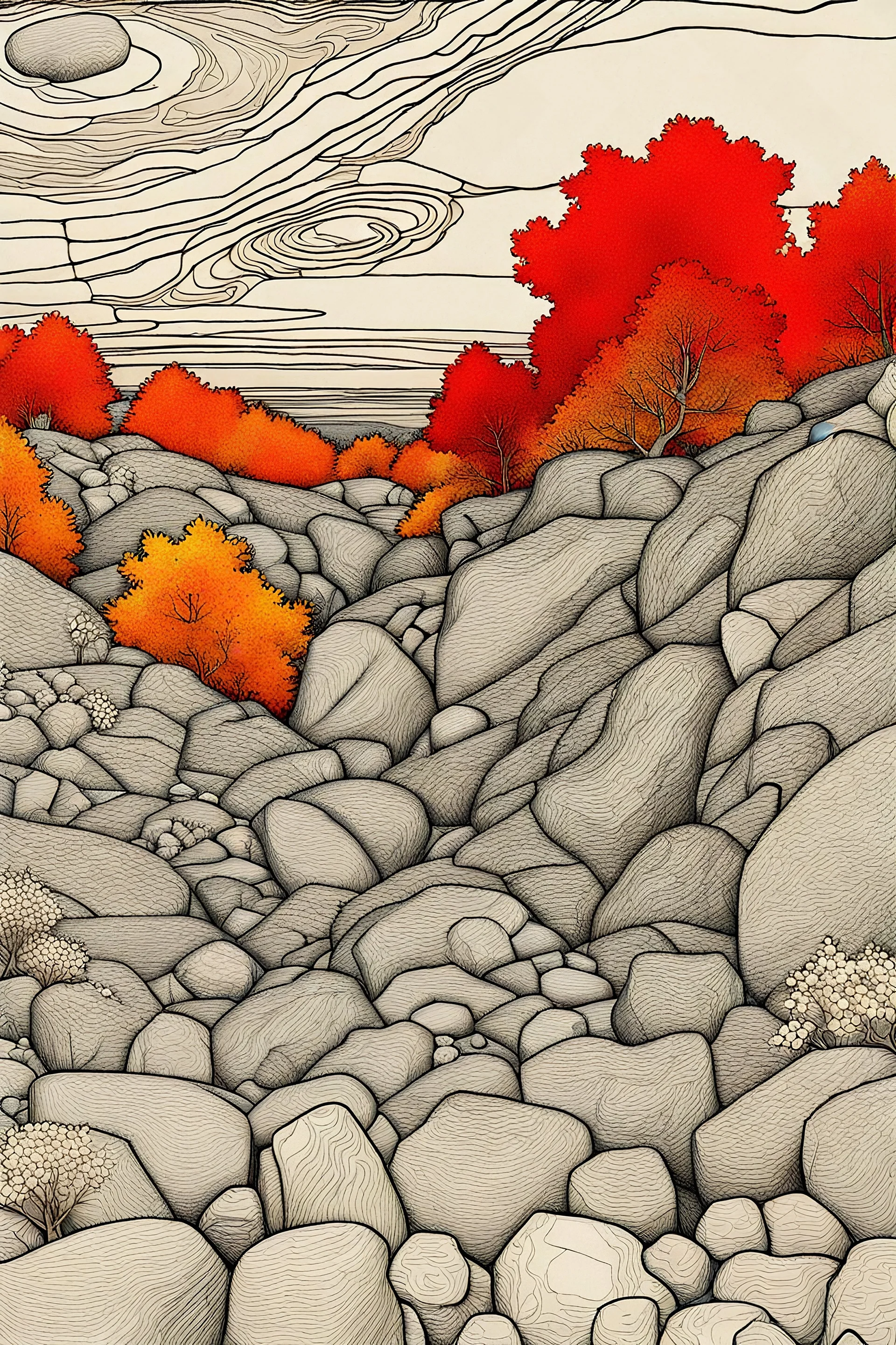 Autumn colors, peaceful, Egon Schiele, Max Ernst, night sky filled with galaxies and stars, rocks, trees, flowers, one-line drawing, sharp focus, 8k, deep 3d field, intricate, ornate, one million strokes